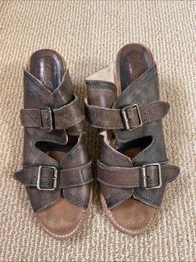 freebird Distressed Brown Leather Buckle Wedge Mules